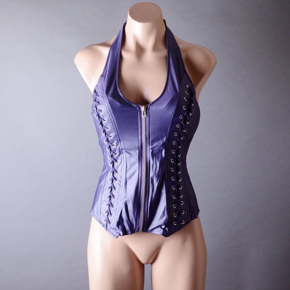 Purple Lace Up Elastic Halter Padded Bust Sexy Gothic Steampunk Corset Top Vest - Picture 2 of 6